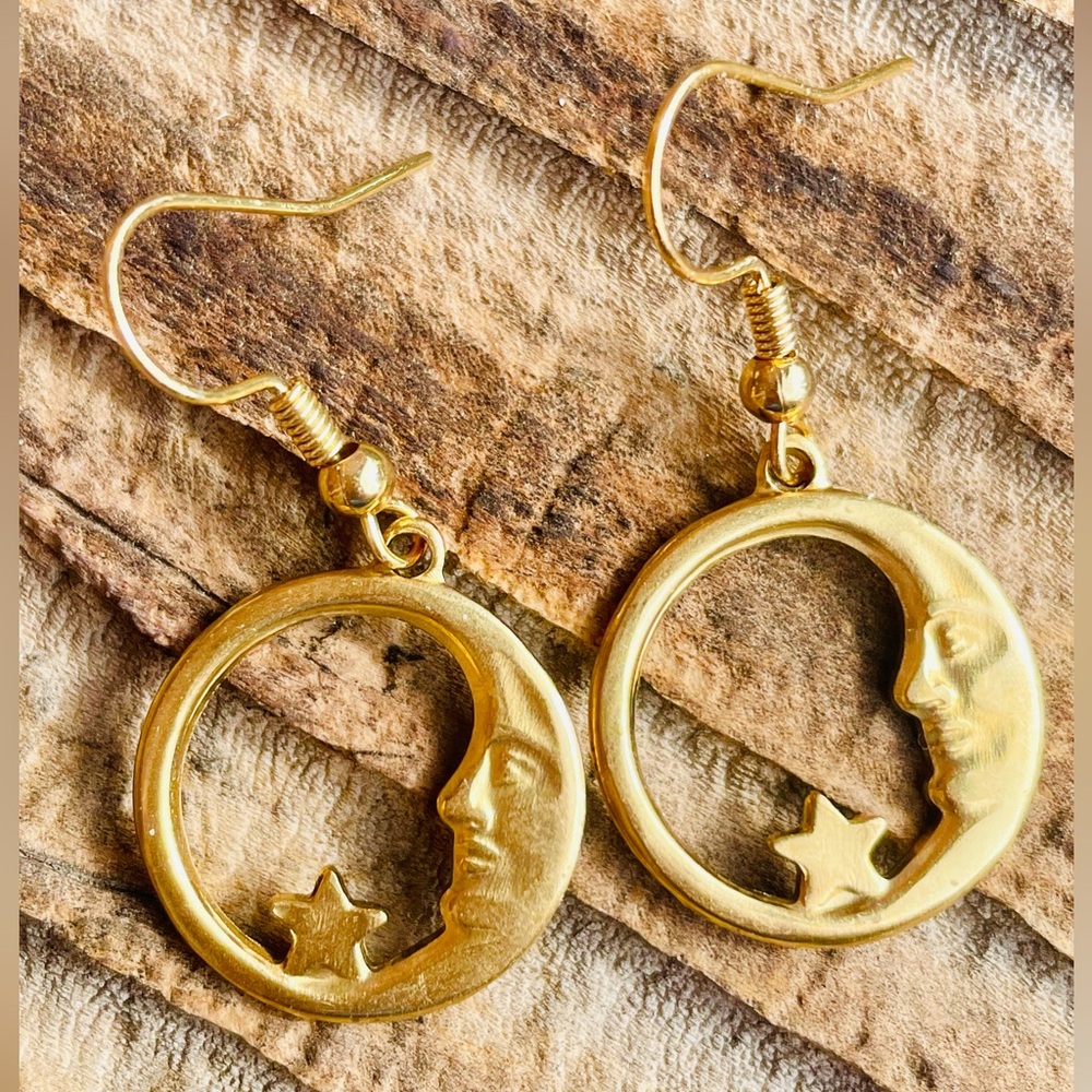 Gold Celestial Moon and Star Earrings - Picture 6 of 6